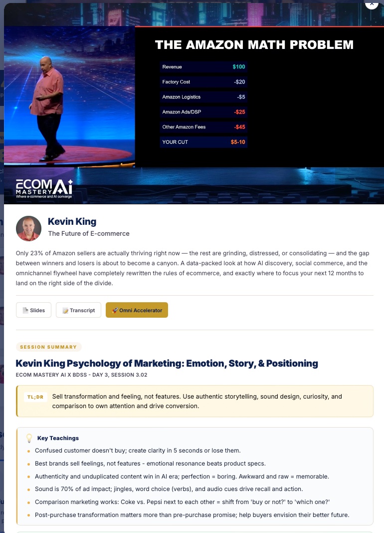 Session detail page with embedded video, Kevin King on The Future of E-commerce, Slides, Transcript, Session Summary, TL;DR, and Key Teachings